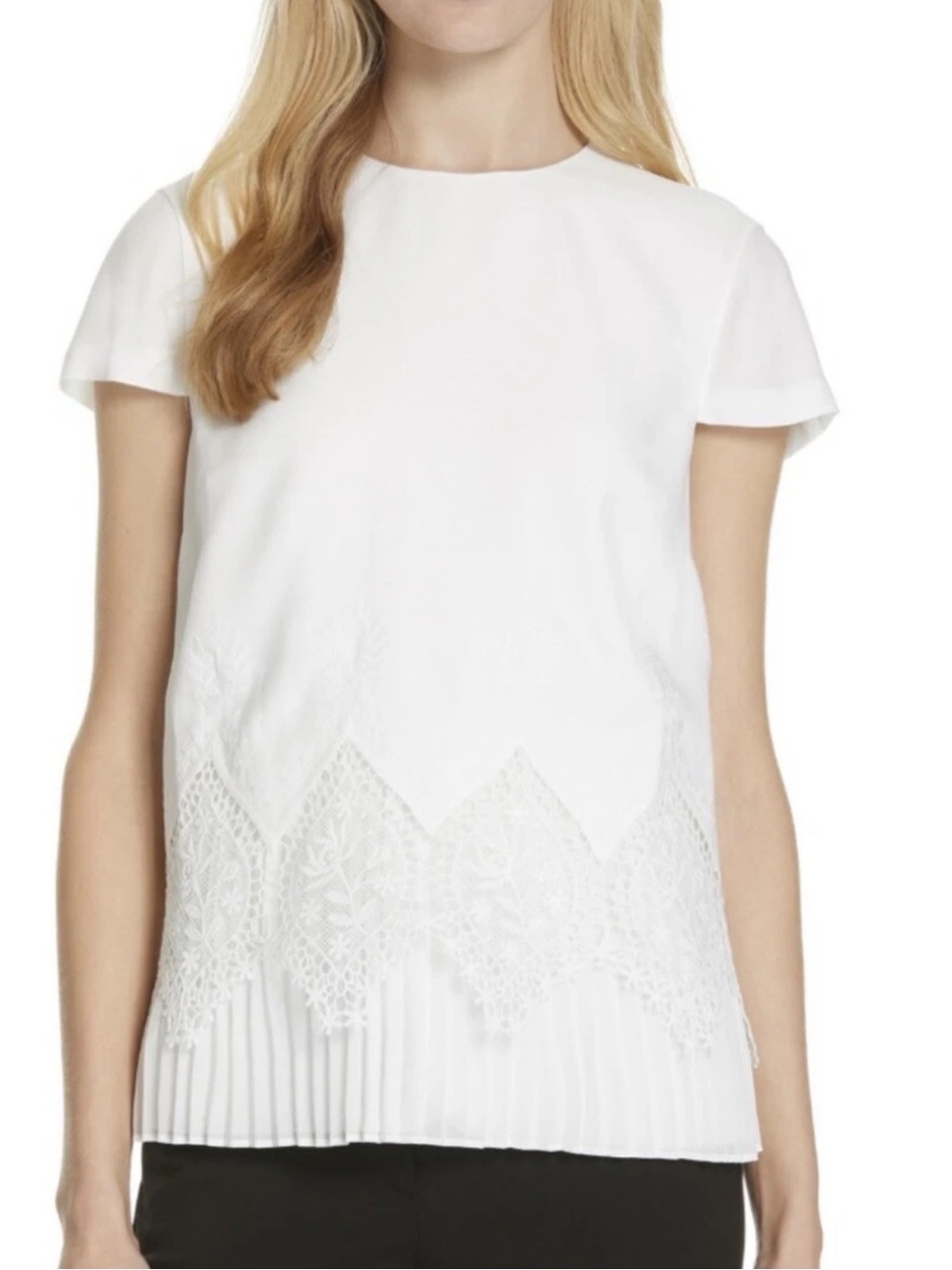 Ted Baker White Short Sleeve Lace-Hem Scoop Neck Top